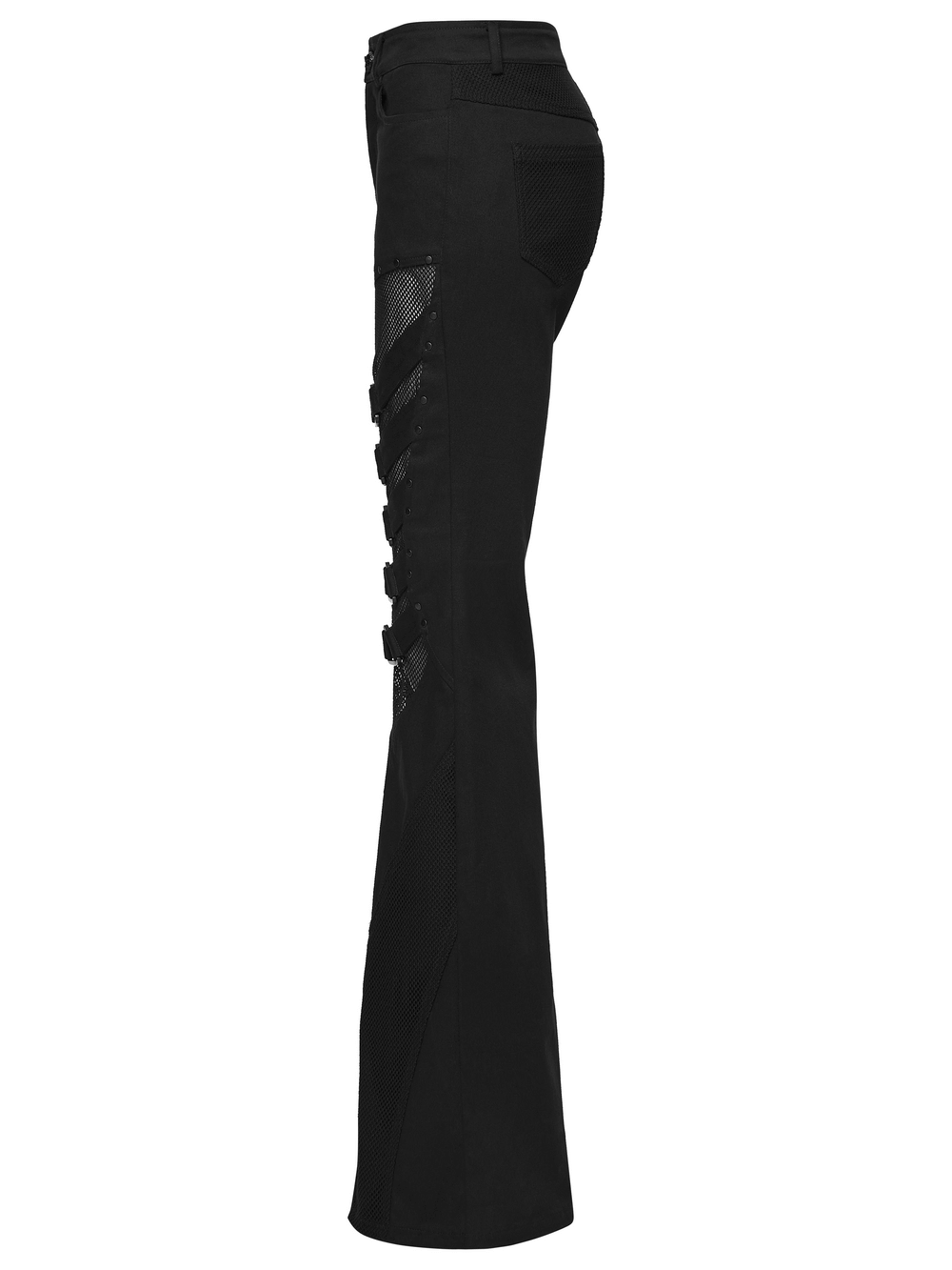 Goth Punk Mesh Flare Pants with Strap Buckle Detail showcasing mesh panels and geometric triangle buckles on the side.