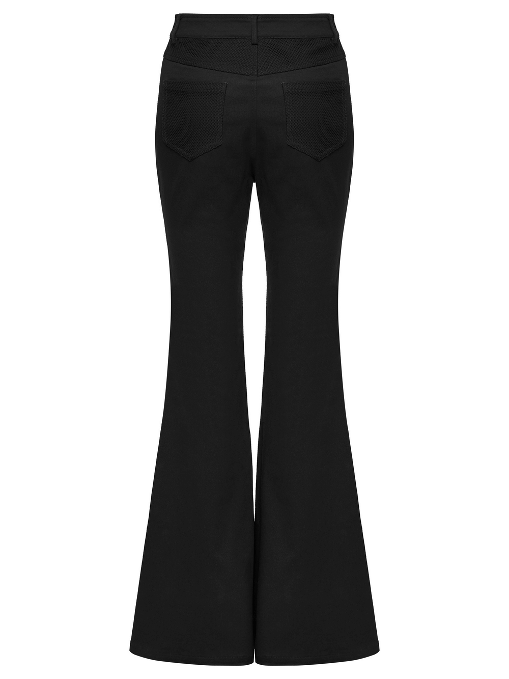Goth Punk Mesh Flare Pants with Strap Buckle Detail back view showing dramatic bootcut flare design.