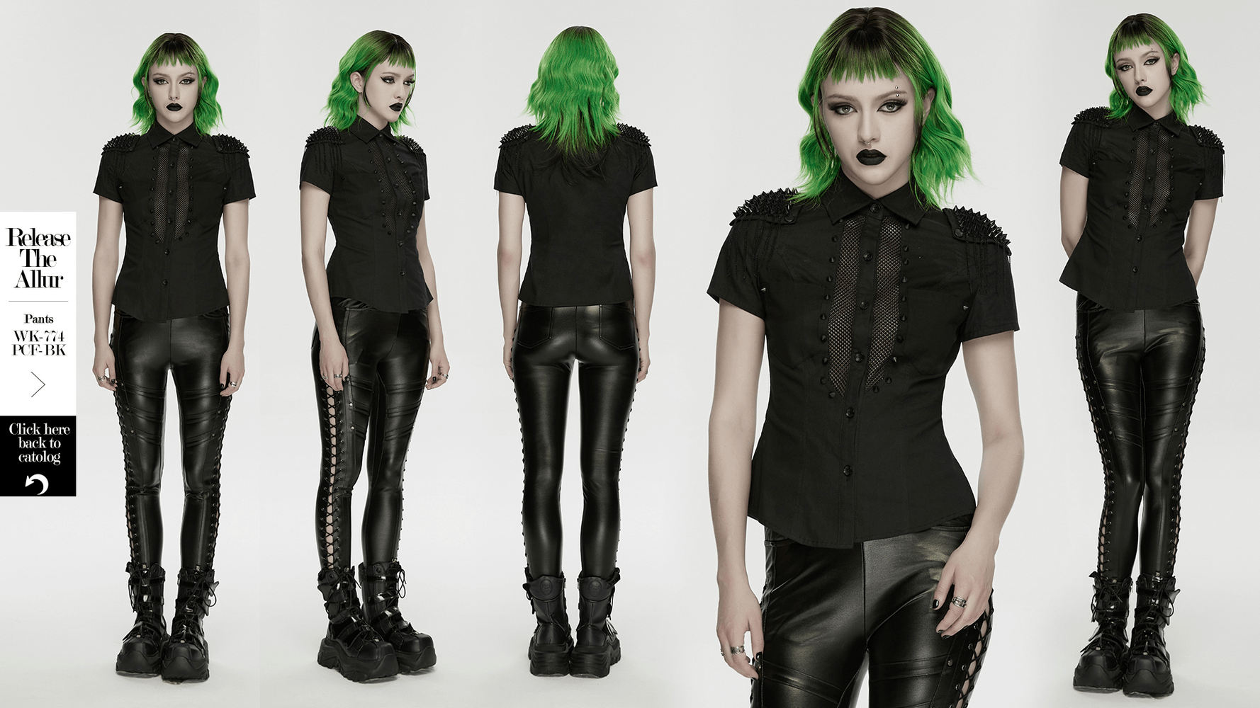 Goth Punk Mesh Panel Spiked Shoulder Button Shirt displayed on model with green hair, paired with leather pants.