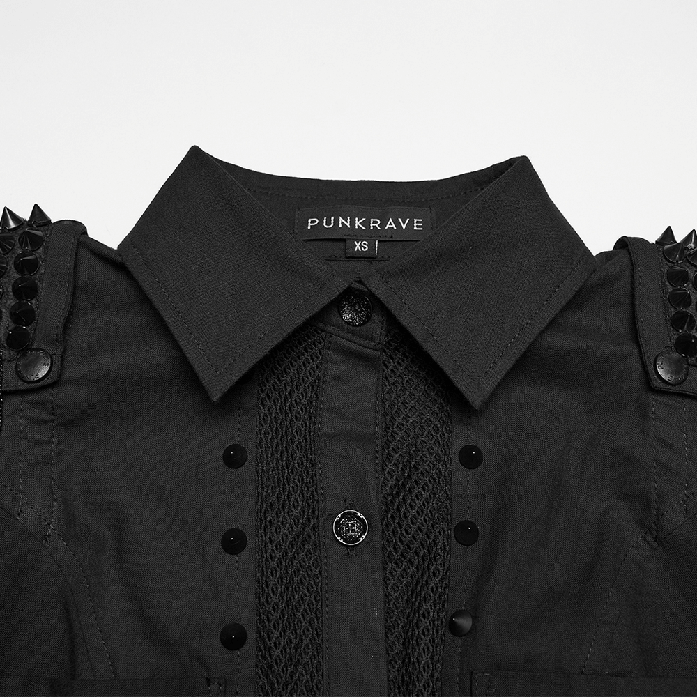 Goth Punk Mesh Panel Spiked Shoulder Button Shirt featuring studded epaulets and bold mesh detail.