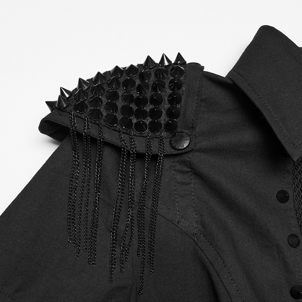 Close-up of Goth Punk Mesh Panel Spiked Shoulder Button Shirt showcasing studded epaulets and detailed fringe.