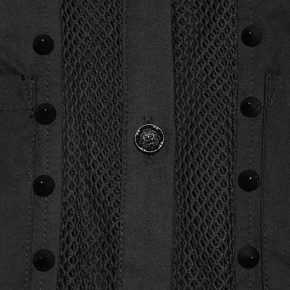 Goth Punk Mesh Panel Spiked Shoulder Button Shirt with bold mesh inset and black buttons.
