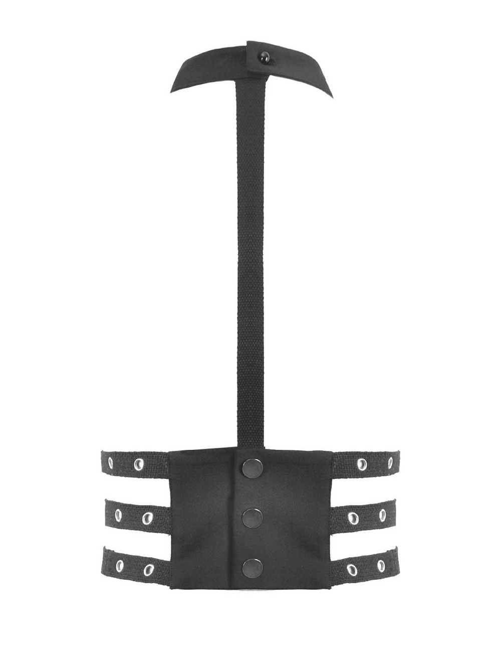 Goth Punk Strappy Chest Harness with Metal Eyelets, featuring adjustable straps and grommeted bands for a bold look.