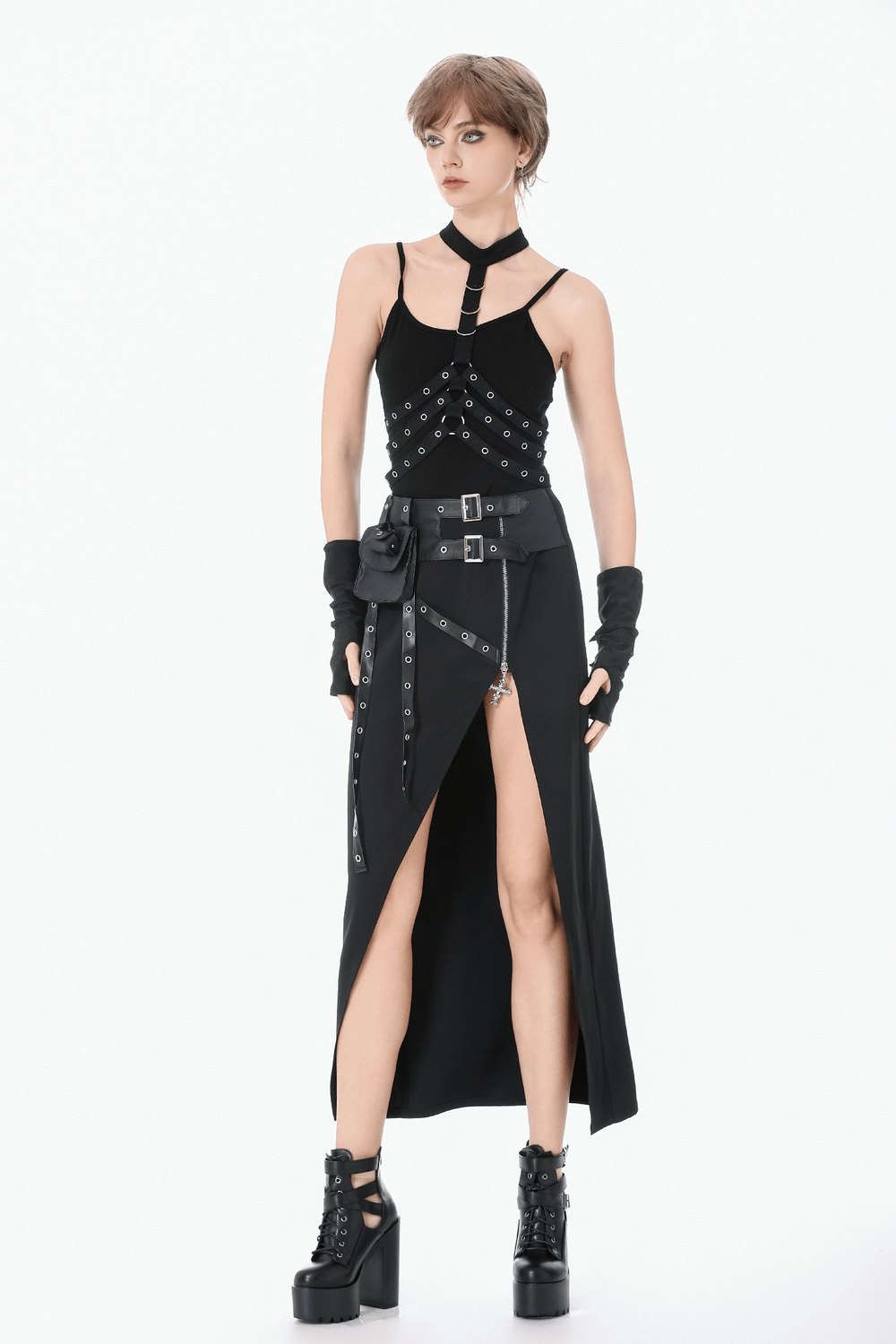 Goth Punk Strappy Chest Harness with Metal Eyelets worn over a sleek black outfit, showcasing a bold alternative style.