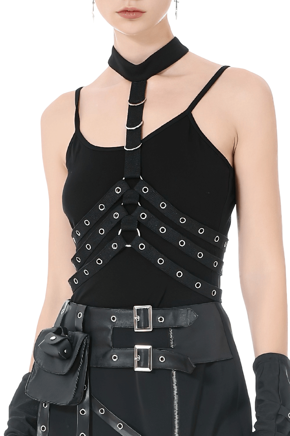 Goth Punk Strappy Chest Harness with Metal Eyelets worn over a black top, showcasing its daring design and adjustable straps.