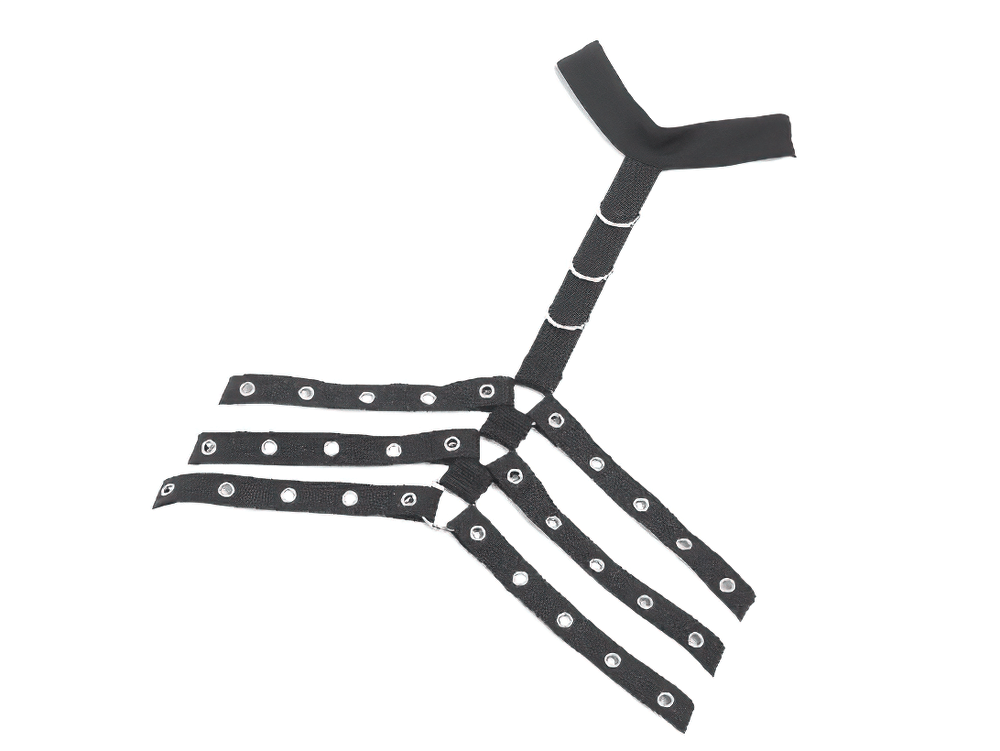 Goth Punk Strappy Chest Harness with Metal Eyelets featuring a neck strap and rivet straps for a bold look.