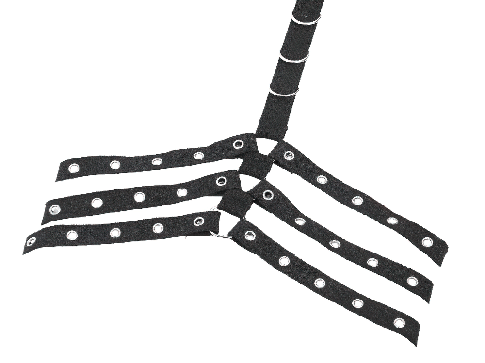 Goth Punk Strappy Chest Harness with Metal Eyelets, showcasing adjustable straps and grommet detail for a bold look.