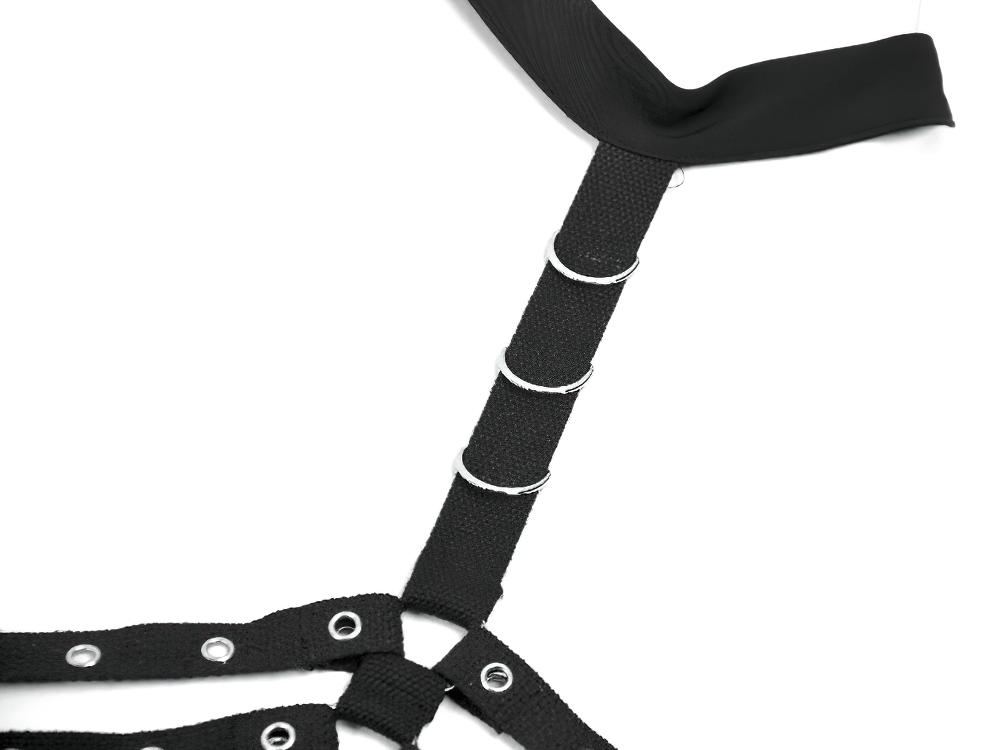 Goth Punk Strappy Chest Harness with Metal Eyelets detail showing adjustable straps and metal rings.