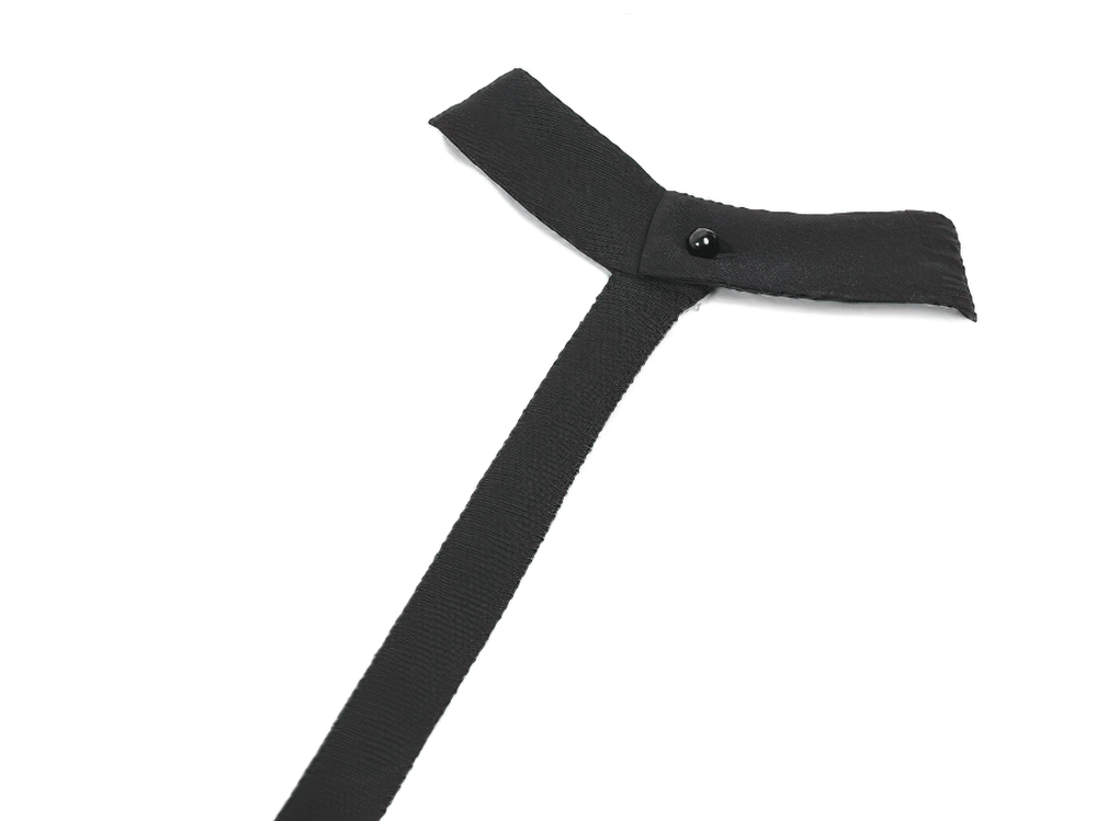 Goth Punk Strappy Chest Harness with Metal Eyelets neck strap detail showcasing fabric and snap closure.