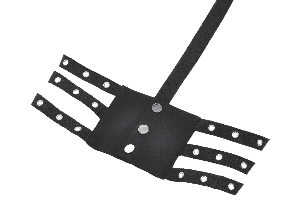 Goth Punk Strappy Chest Harness with Metal Eyelets showcasing a black leather look with grommets and adjustable straps.