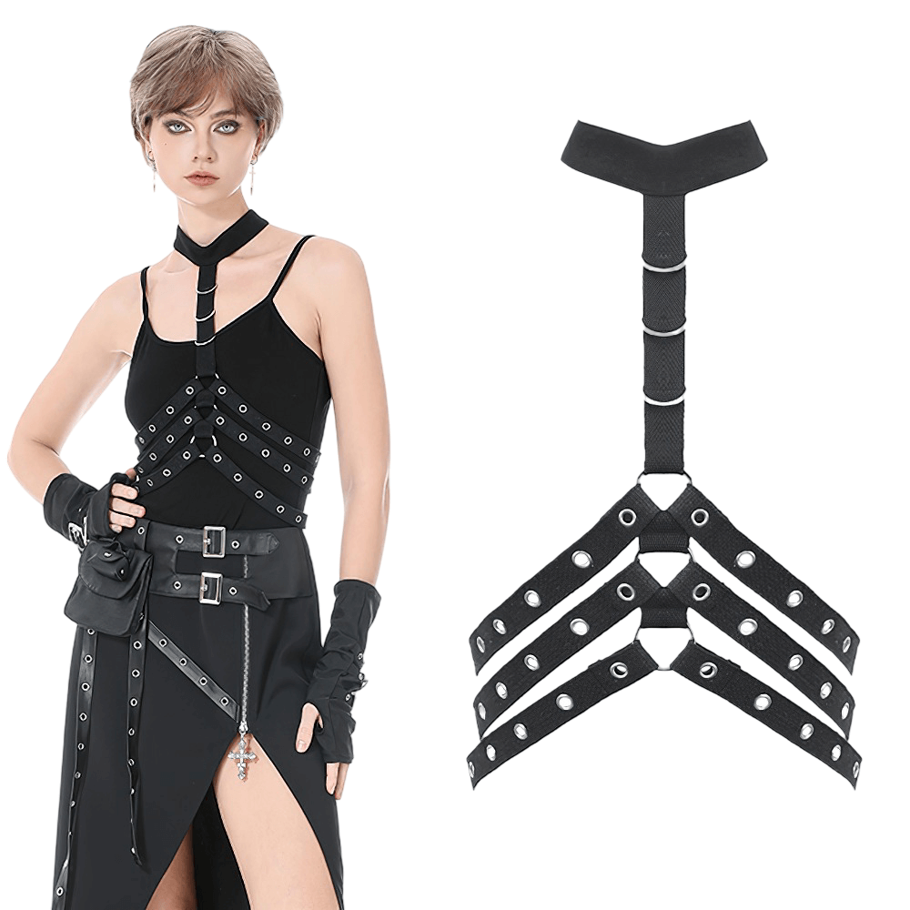 Goth Punk Strappy Chest Harness with Metal Eyelets showcased on a model, featuring bold straps and grommets.
