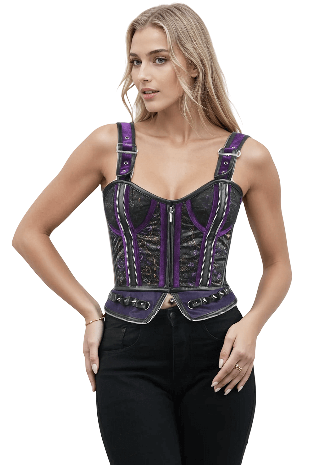 Goth Purple Floral Overbust Corset with Zippers and Studs showcasing vibrant purple and black design.