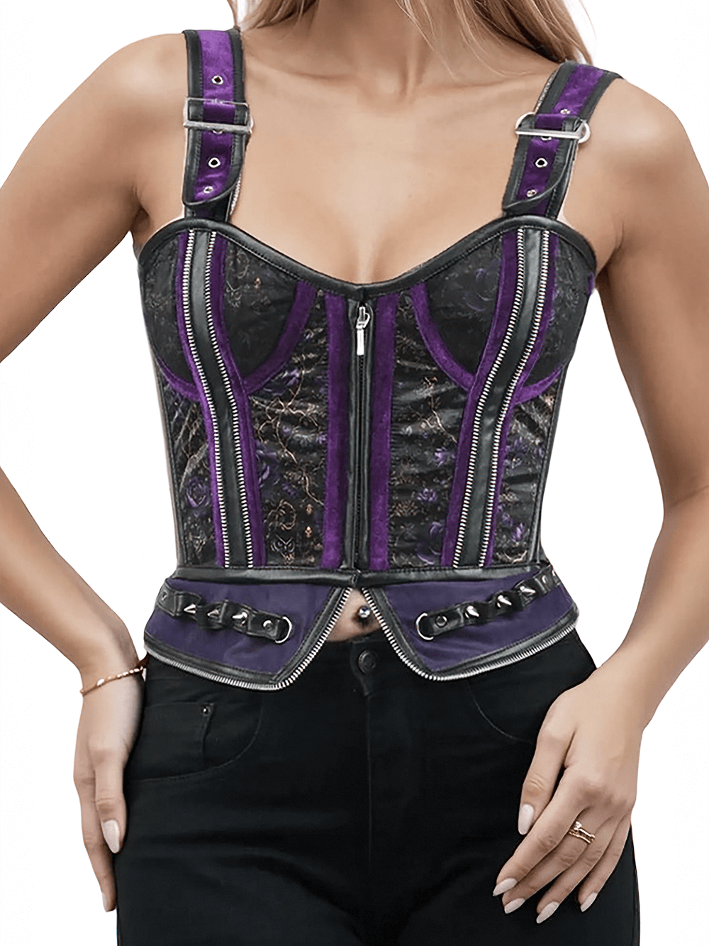 Goth Purple Floral Overbust Corset with Zippers and Studs showcasing intricate design and edgy details in dark fabric.