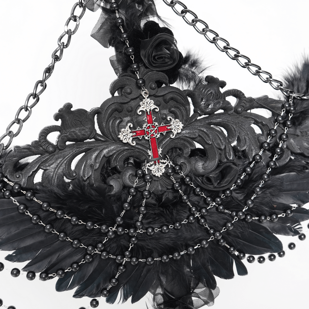 Alt Tag: Goth Raven Cross Staff with Roses and Beaded Chains featuring red cross centerpiece, black feathers, roses, and draped beaded chains