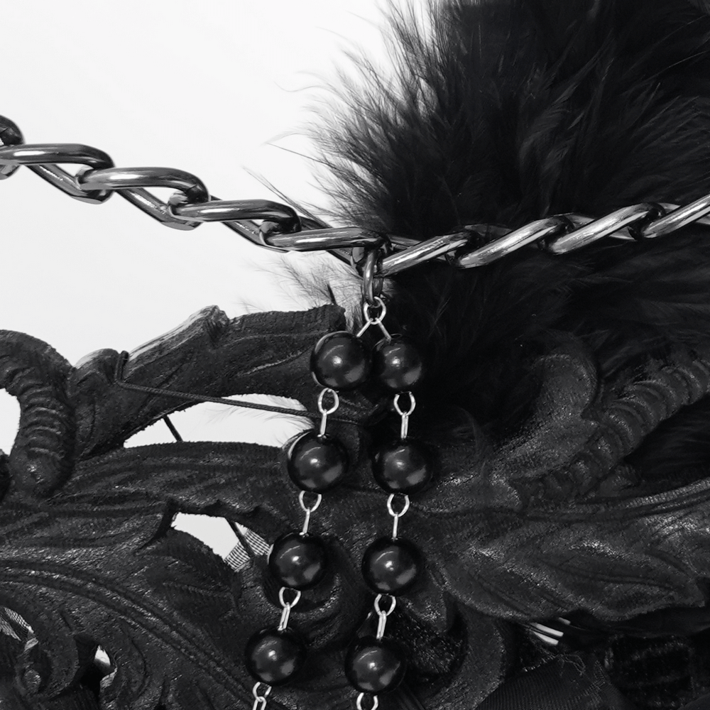 Alt Tag: Goth Raven Cross Staff with Roses and Beaded Chains close-up of black beaded chains, feathered wing detail, and gothic embellishments