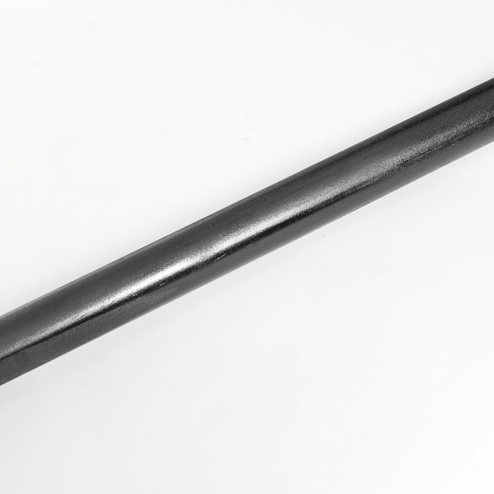 Alt Tag: Goth Raven Cross Staff with Roses and Beaded Chains close-up of sleek black staff shaft, smooth metallic finish