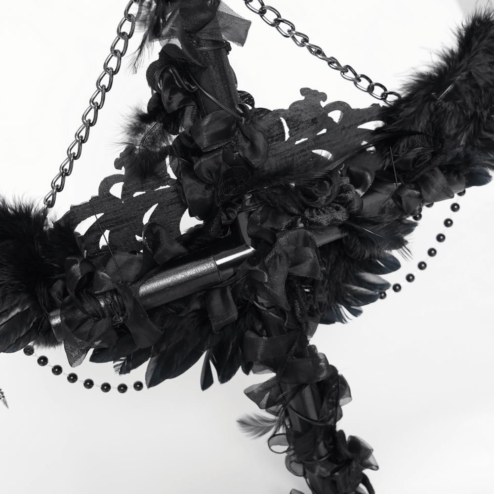 Alt Tag: Goth Raven Cross Staff with Roses and Beaded Chains with raven wings, black roses, beaded drapes and dangling chains