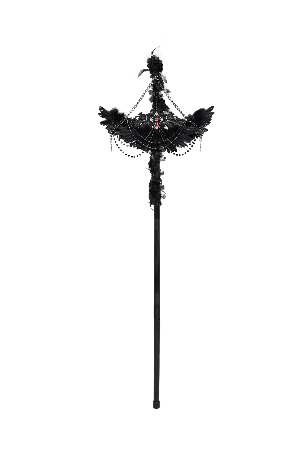 Alt Tag: Goth Raven Cross Staff with Roses and Beaded Chains black ritual scepter with wings, cross, rose rosettes and draped bead chains