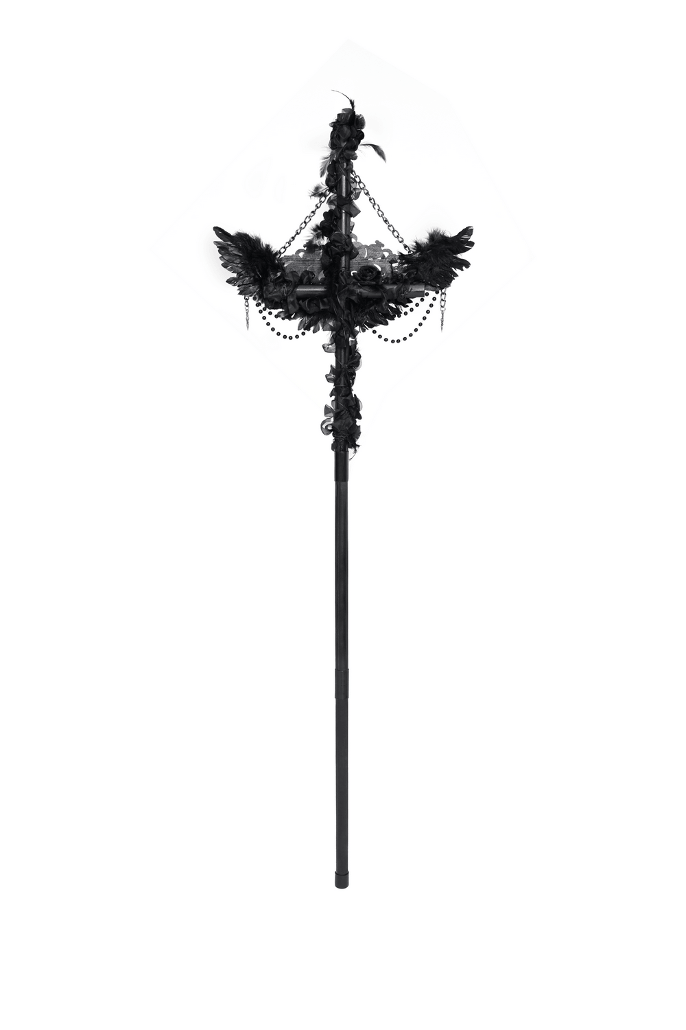 Alt Tag: Goth Raven Cross Staff with Roses and Beaded Chains black ritual scepter with raven wings, cross, rose accents, and beaded chains
