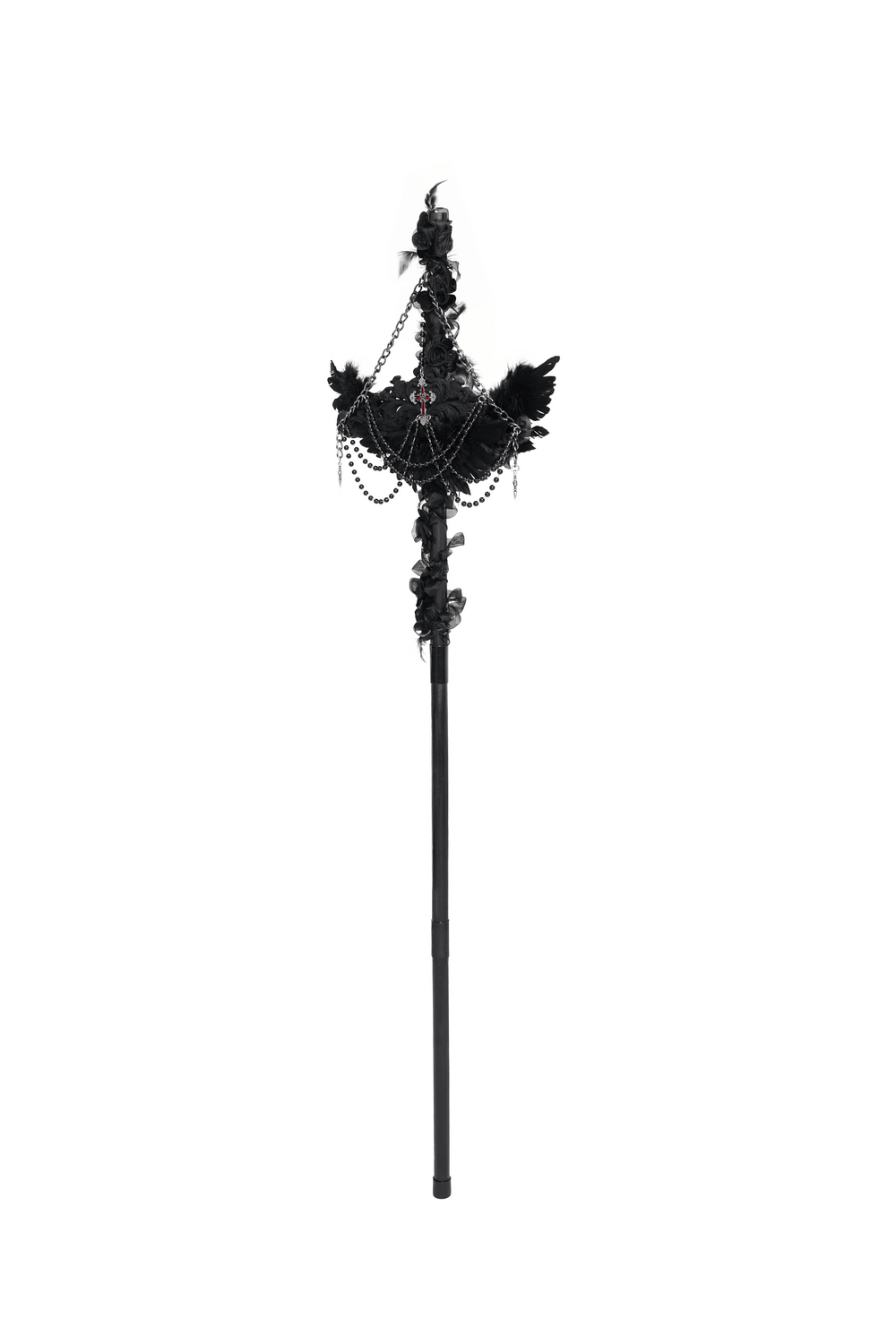 Alt Tag: Goth Raven Cross Staff with Roses and Beaded Chains black ritual scepter with raven wings, rose accents and beaded chains