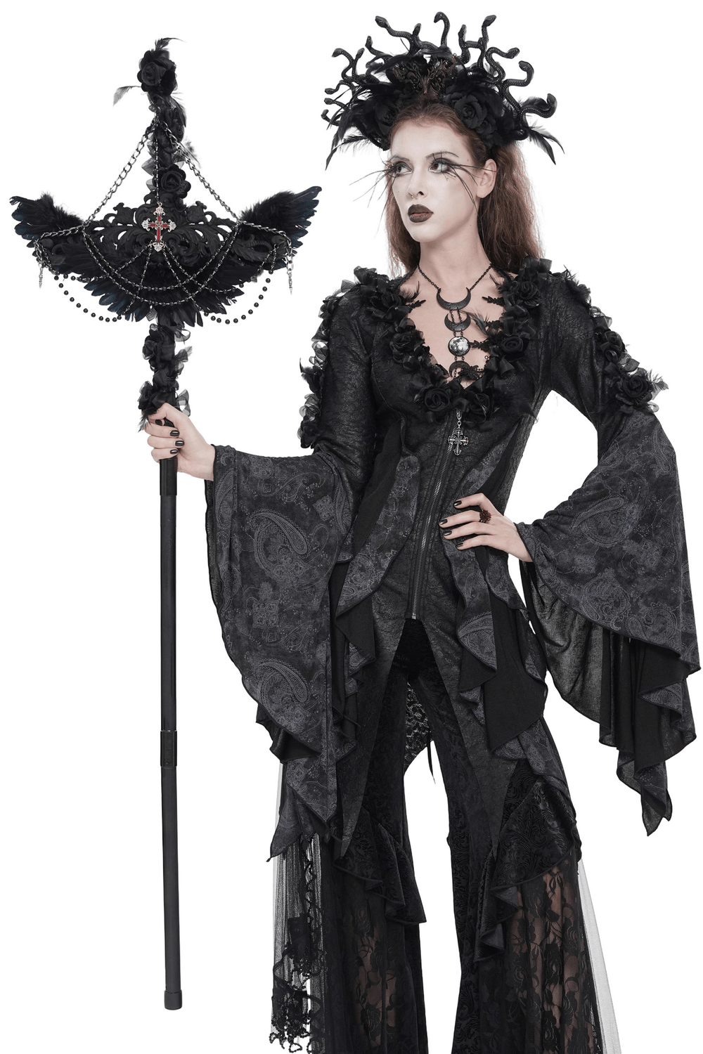 Alt Tag: Goth Raven Cross Staff with Roses and Beaded Chains held by gothic model in black lace dress, winged cross topper with beaded chains