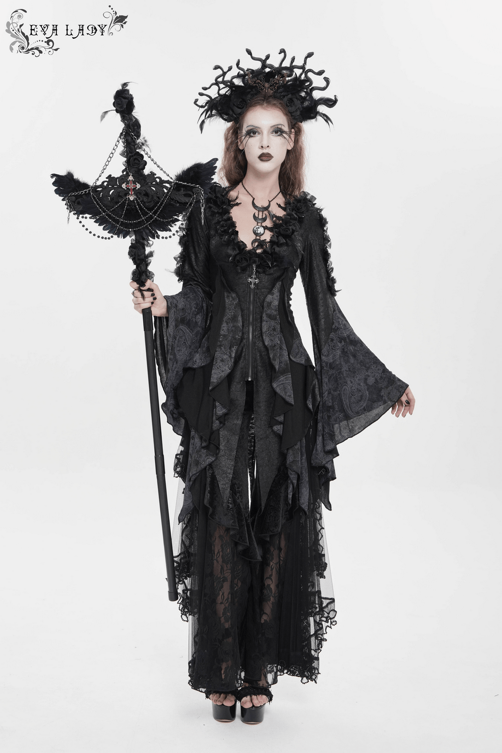 Goth Raven Cross Staff with Roses and Beaded Chains held by gothic woman in black lace dress, raven wings, cross, roses and beaded chains