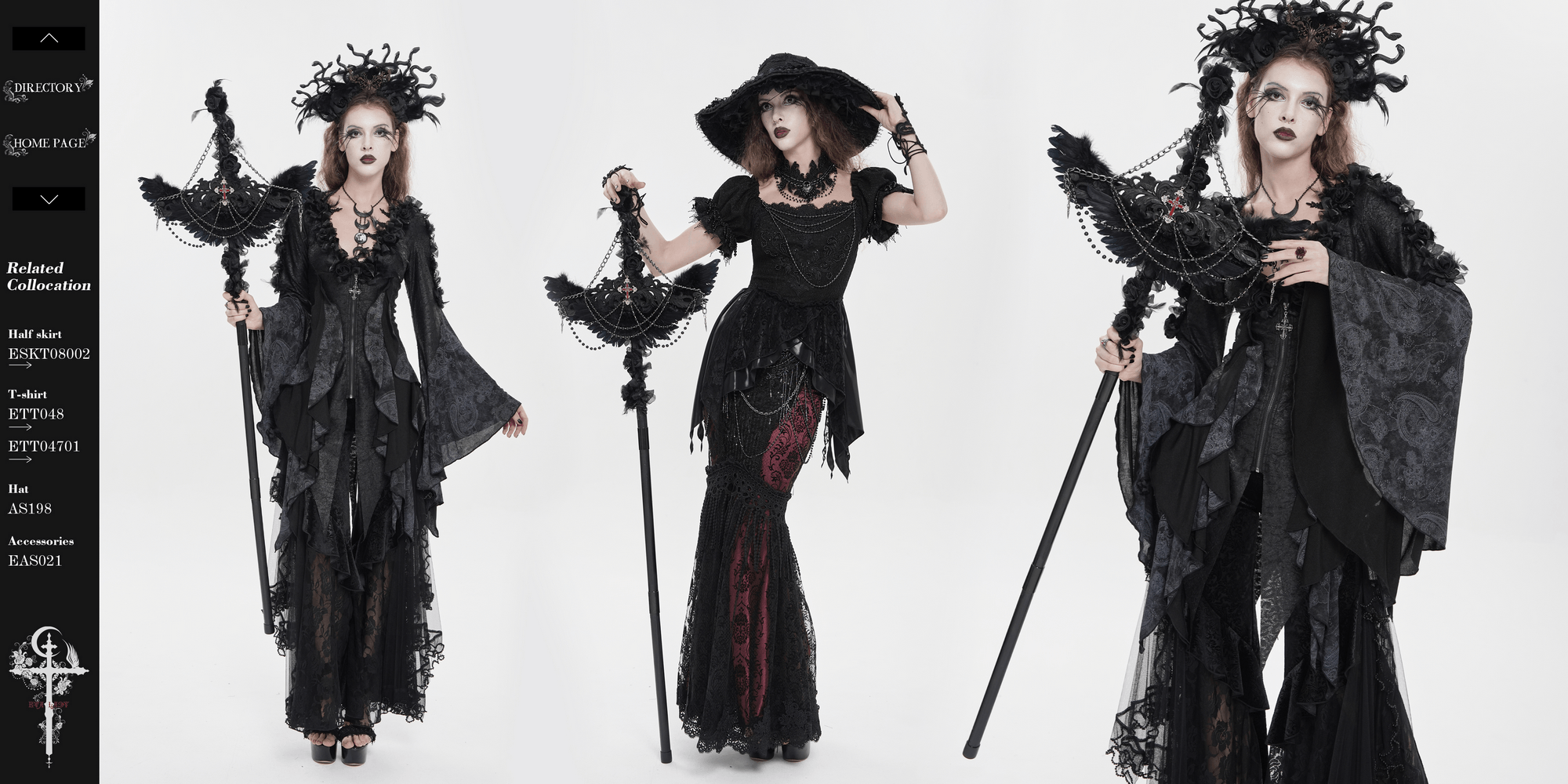 Alt Tag: Goth Raven Cross Staff with Roses and Beaded Chains held by gothic model in black dress, raven wing cross topper, roses and beaded chains prop