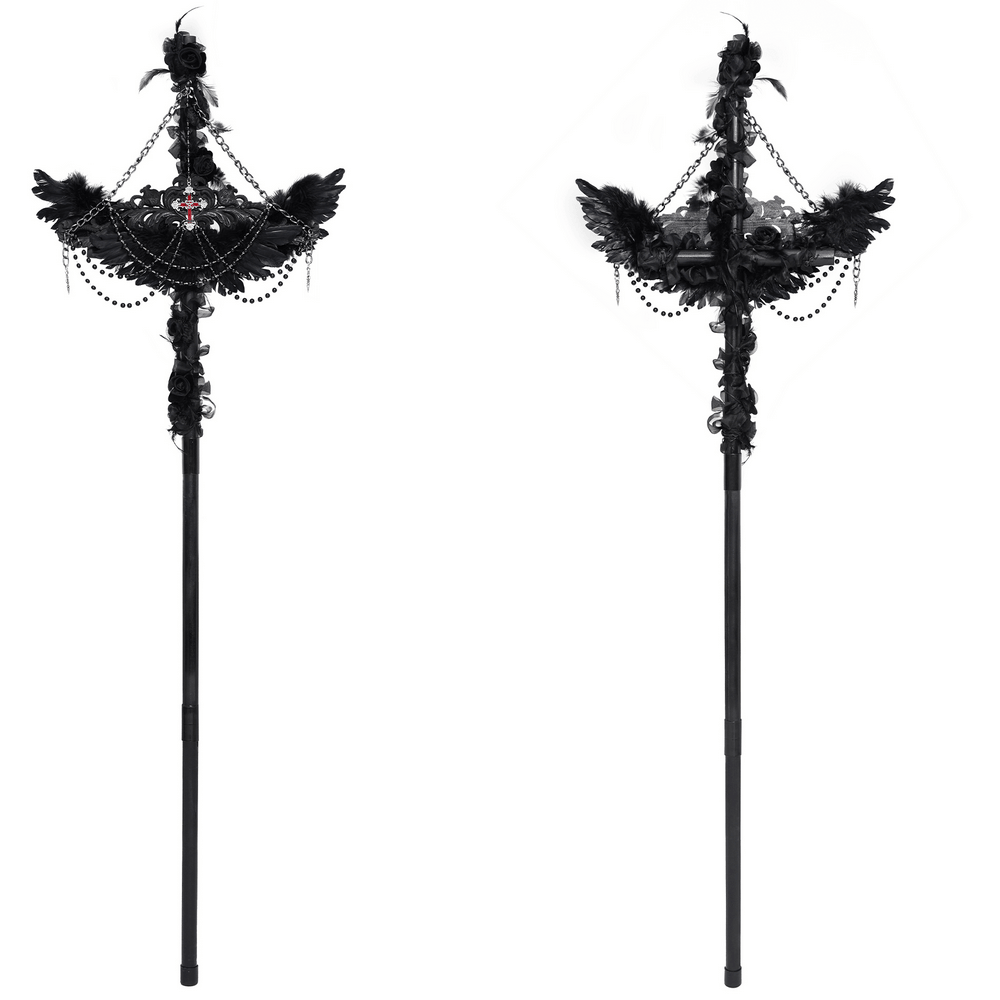 Alt Tag: Goth Raven Cross Staff with Roses and Beaded Chains, black ritual scepter with raven wings, cross, roses, and beaded chains