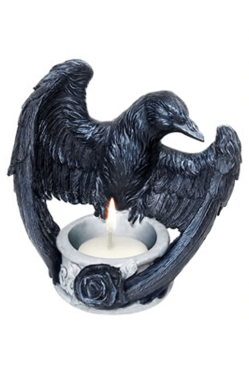 Goth raven tea light holder with black wings and rose base, perfect for dark home decor.