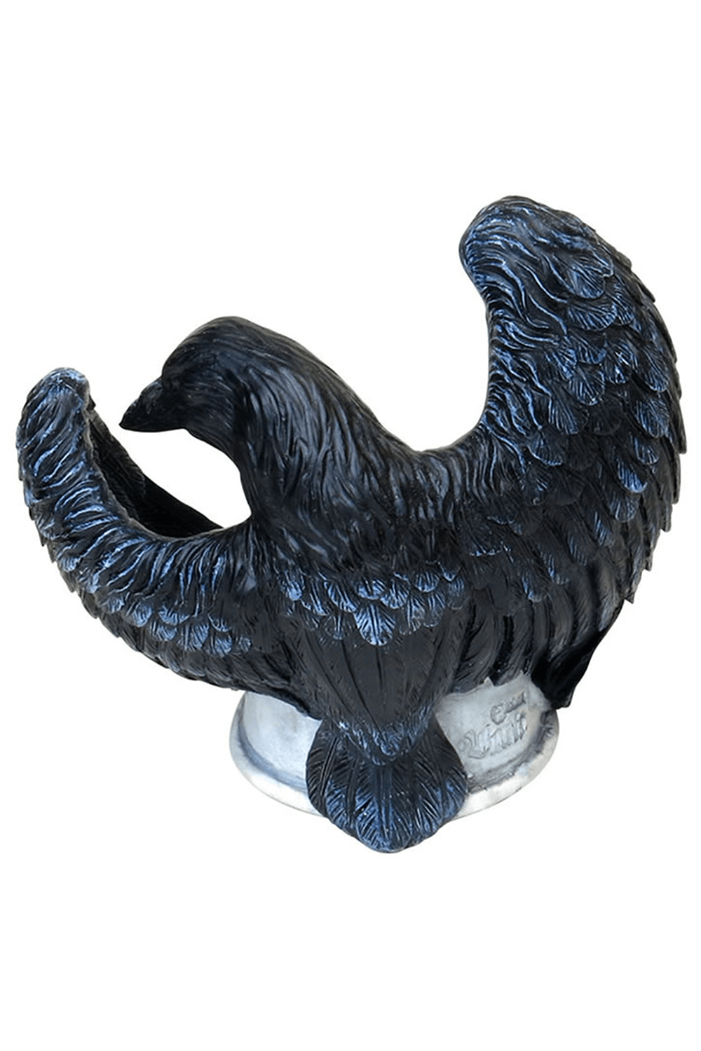 Goth raven tea light holder with black wings and detailed feather texture, perfect for dark decor.