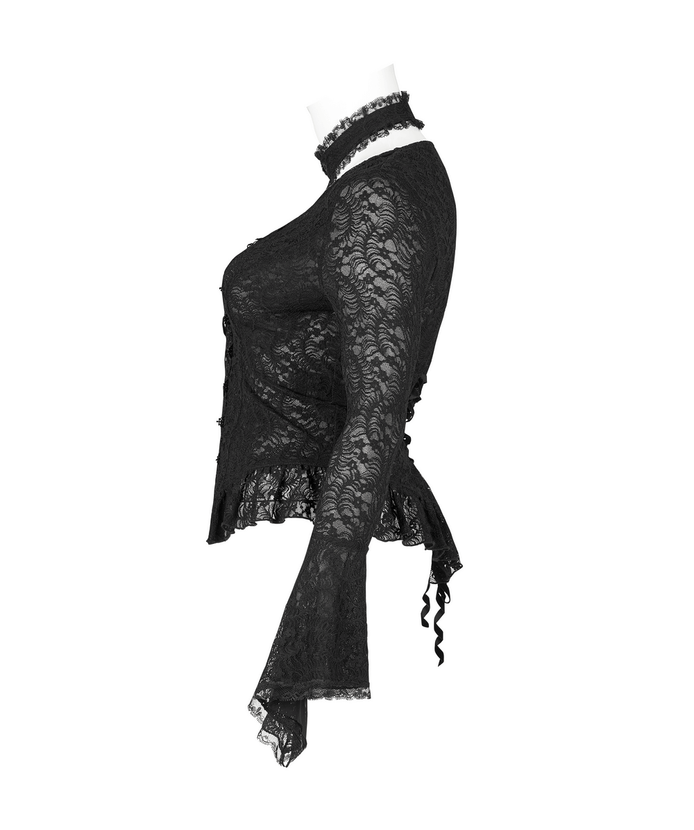 Goth Romantic Black Stretch Lace Flare Sleeve Mesh Top - HARD'N'HEAVY