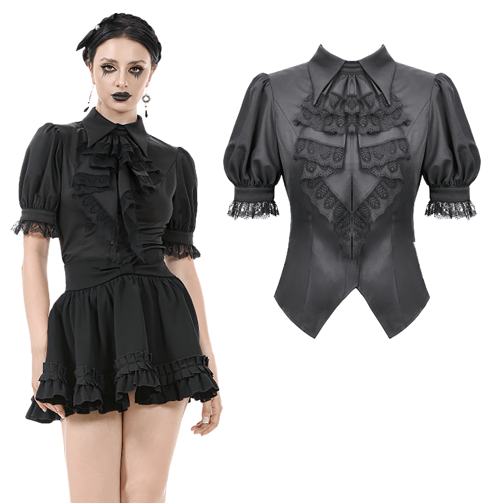 Goth Ruffle Lace Blouse with Puff Sleeves, high collar satin finish, perfect for Victorian-inspired gothic fashion lovers.