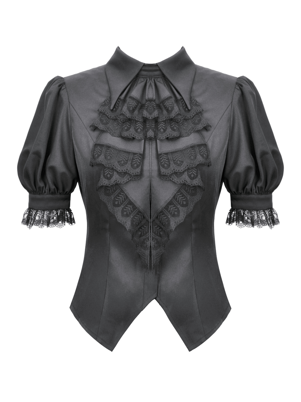 Goth ruffle lace blouse with puff sleeves and satin finish, Victorian-inspired black top with high collar and dramatic ruffles.