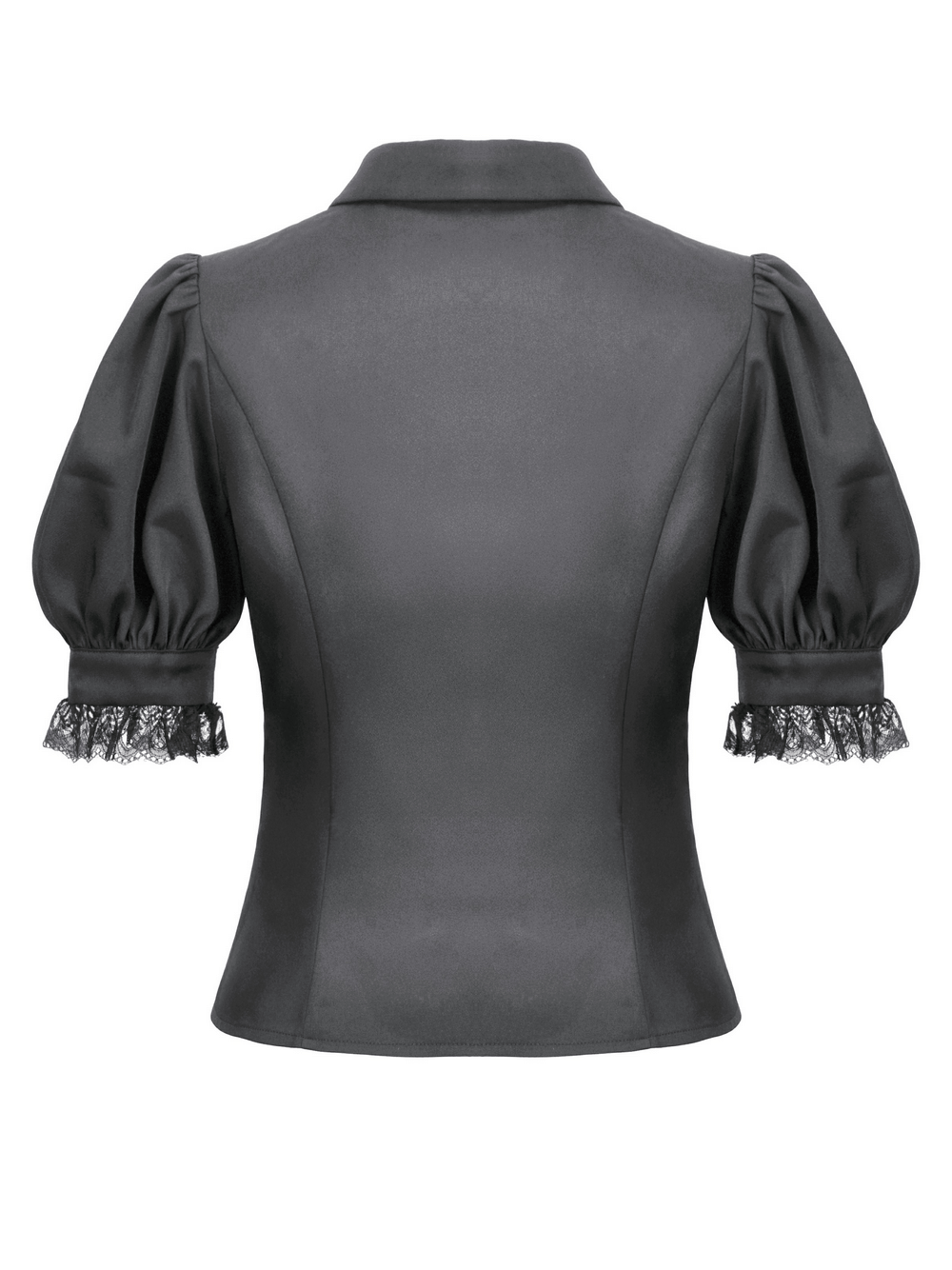 Back view of a Goth ruffle lace blouse in black satin with puff sleeves and elegant lace cuffs.