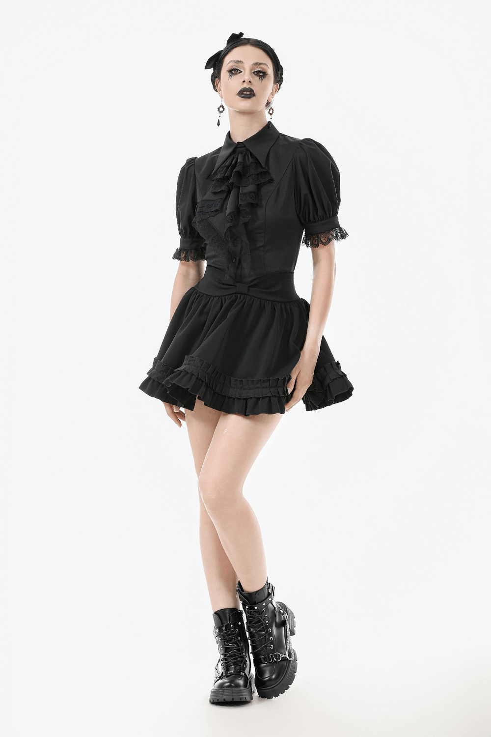 Victorian-inspired black satin blouse featuring puff sleeves, lace ruffles, and high collar for a gothic fashion statement.