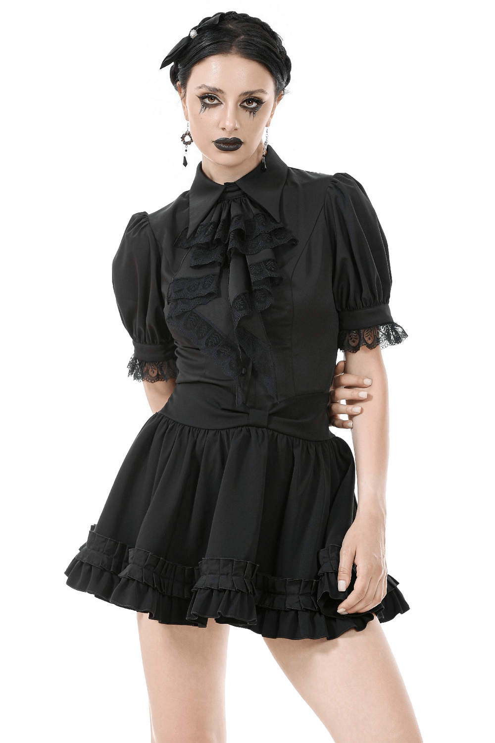 Victorian-inspired black satin blouse with ruffles and puff sleeves, perfect for gothic fashion lovers.