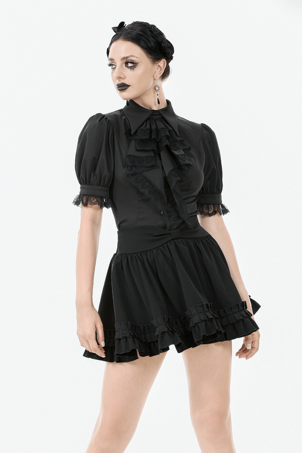 Goth Ruffle Lace Blouse with Puff Sleeves, Victorian-inspired black satin top perfect for gothic fashion lovers.