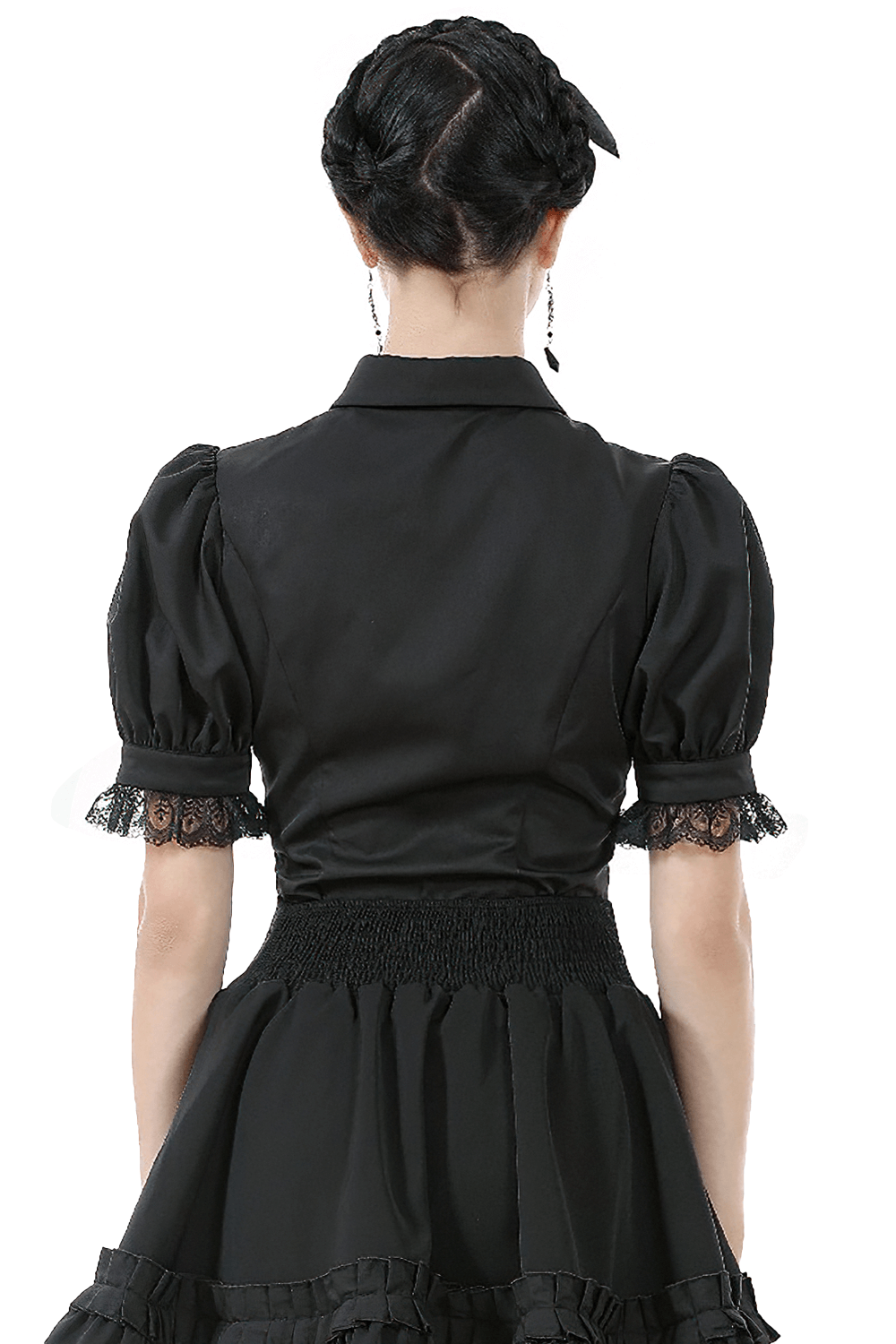 Back view of a black gothic blouse with puff sleeves, lace-trimmed cuffs, and satin finish.