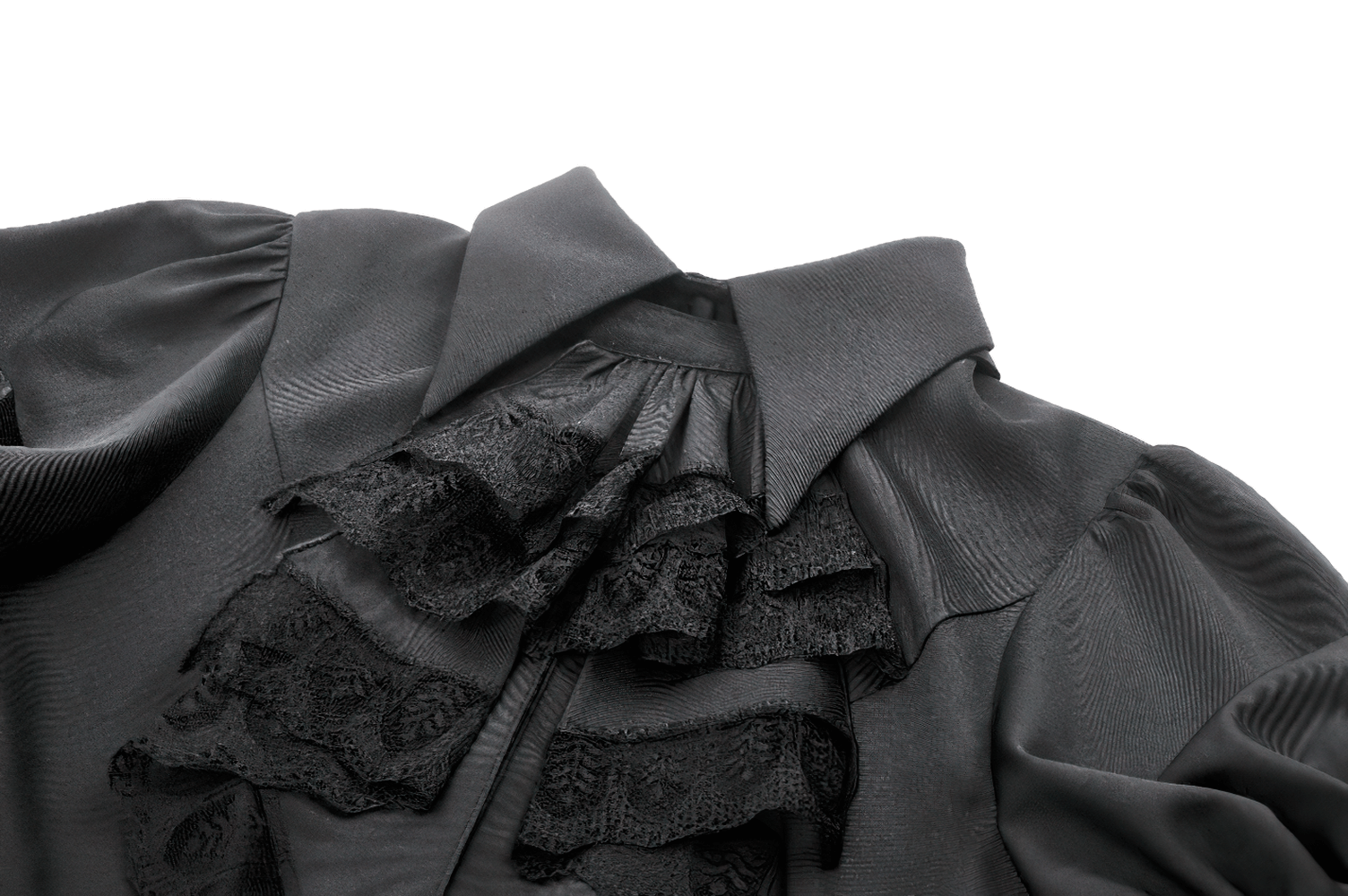 Goth ruffle lace blouse in black satin with puff sleeves and high collar, perfect for a Victorian-inspired gothic style.