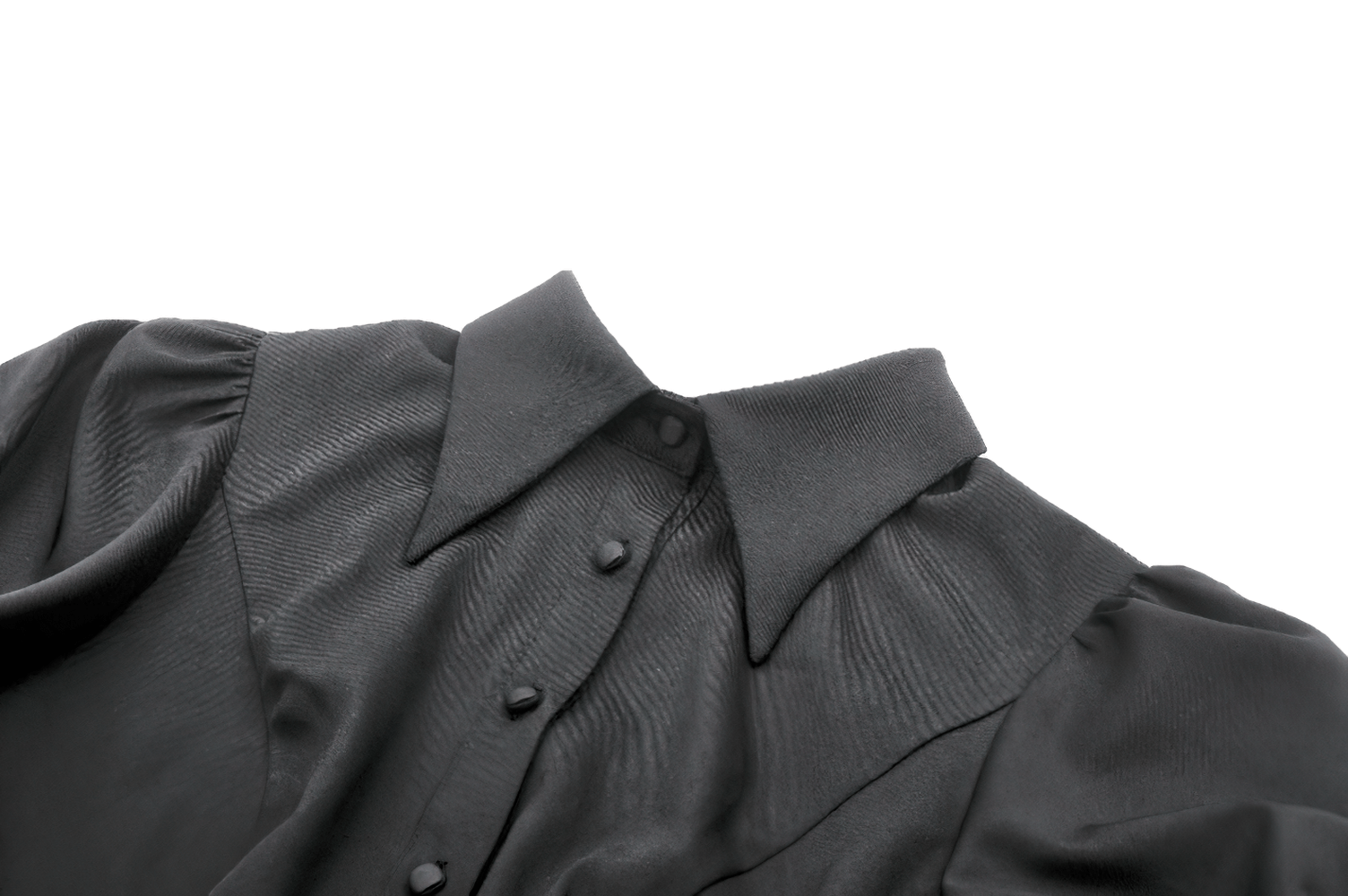 Victorian-inspired black satin blouse with puff sleeves and high collar, showcasing elegant lace details.