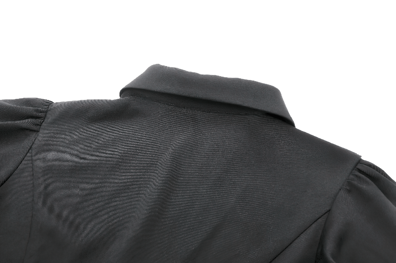 Close-up of the back view of a black satin blouse with a high collar and puff sleeves, showcasing its elegant design.