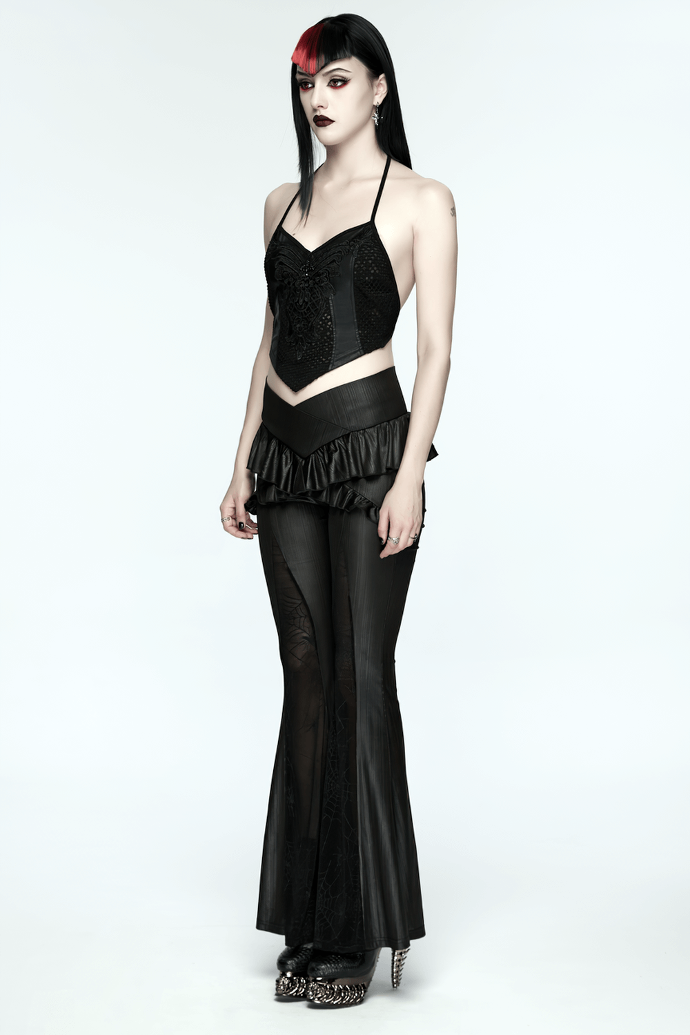 Goth Sexy Lace Mesh Halter Cami with Tie Back worn by a model, showcasing a stylish gothic look.