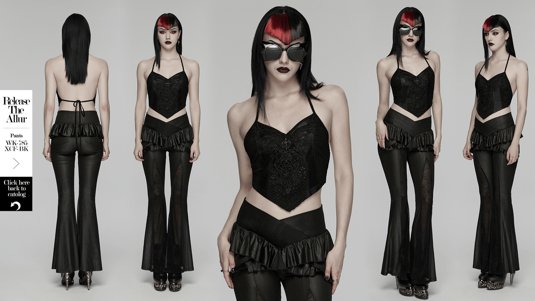 Model showcasing the Goth Sexy Lace Mesh Halter Cami with Tie Back, styled with black flared pants and edgy accessories.