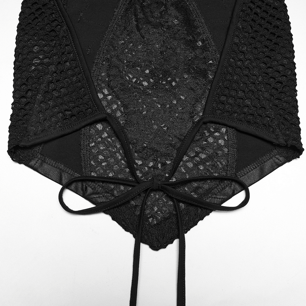 Goth Sexy Lace Mesh Halter Cami with Tie Back showcasing intricate lace and mesh design.