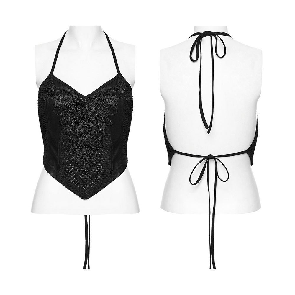 Goth Sexy Lace Mesh Halter Cami with Tie Back displayed from front and back views, showcasing stylish lace detail.