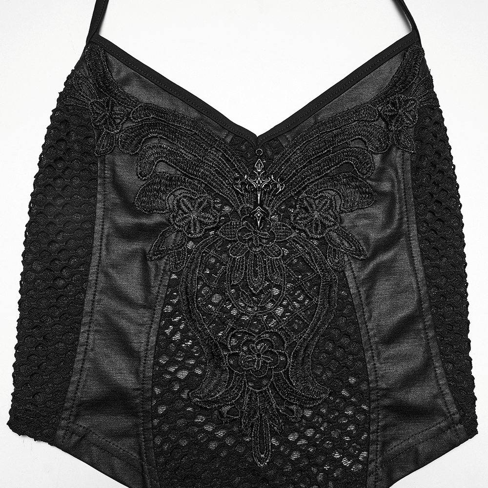 Goth Sexy Lace Mesh Halter Cami with Tie Back featuring intricate lace details and a stylish halter design.