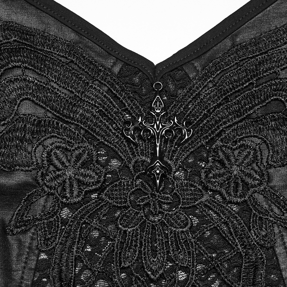 Goth Sexy Lace Mesh Halter Cami with Tie Back detailed embroidery and lace design close-up.
