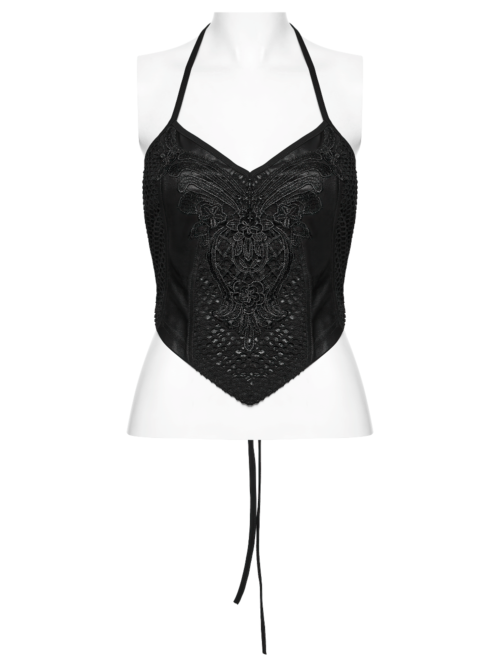 Goth Sexy Lace Mesh Halter Cami with Tie Back on a mannequin in black.
