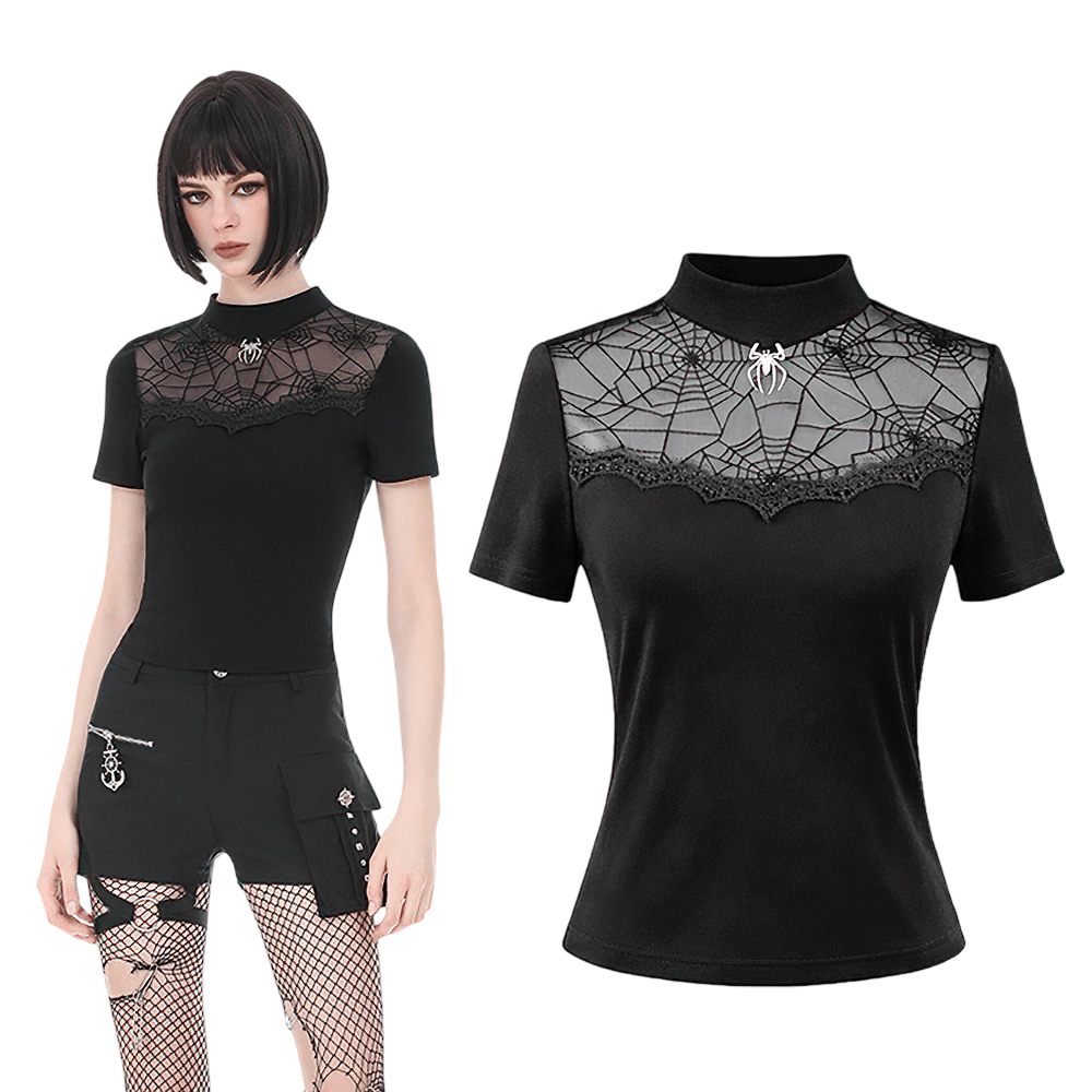 Goth Spiderweb Mesh Top with Mock Neck and Lace