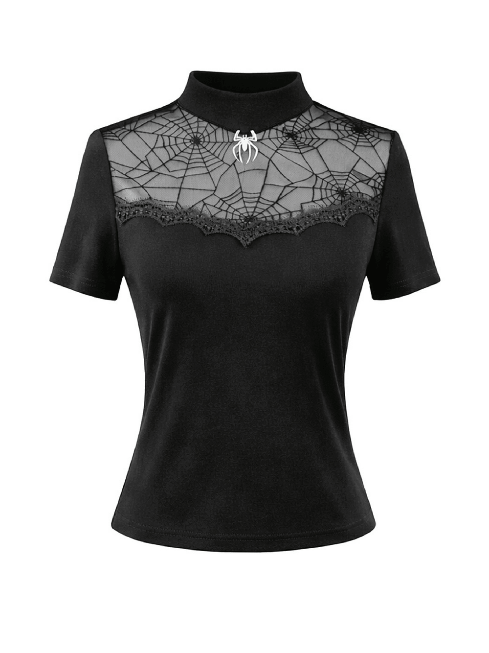 Goth Spiderweb Mesh Top with Mock Neck and Lace